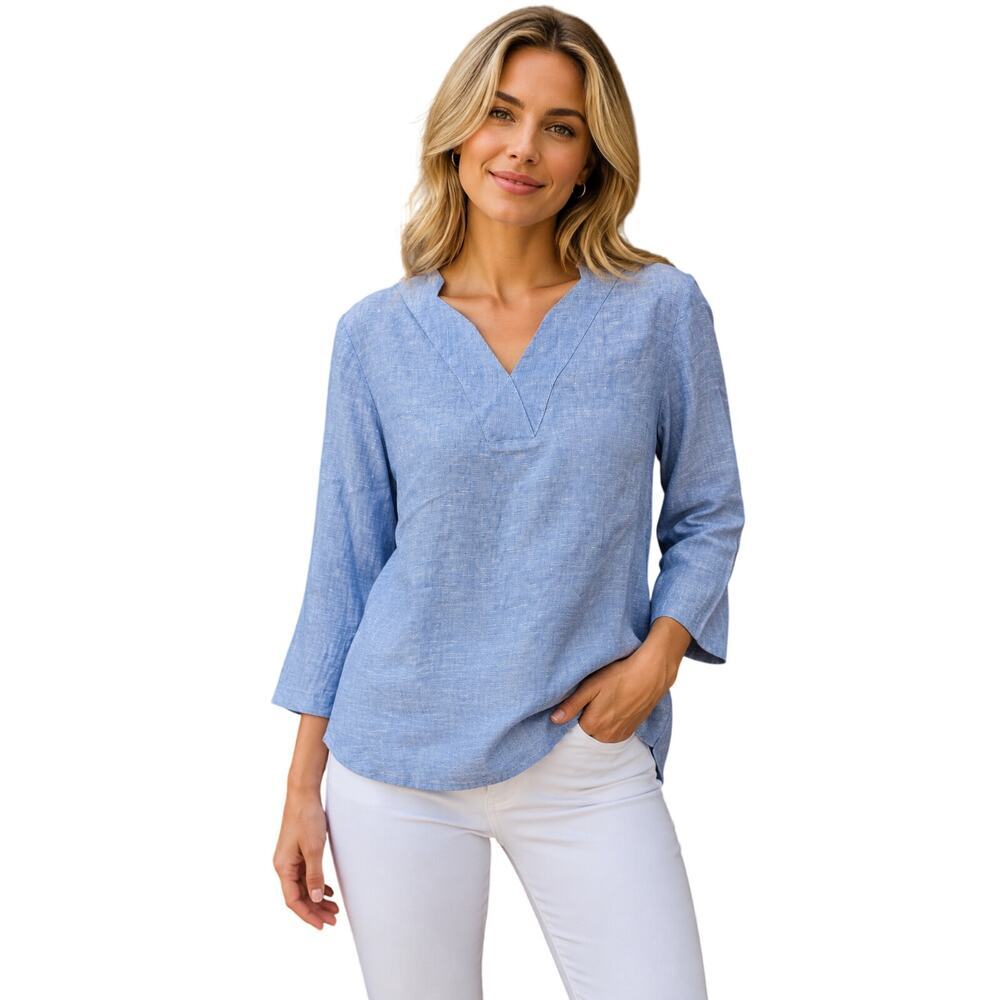 Foxcroft sz 6 chambray linen v neck career casual roll tab sleeve popover top